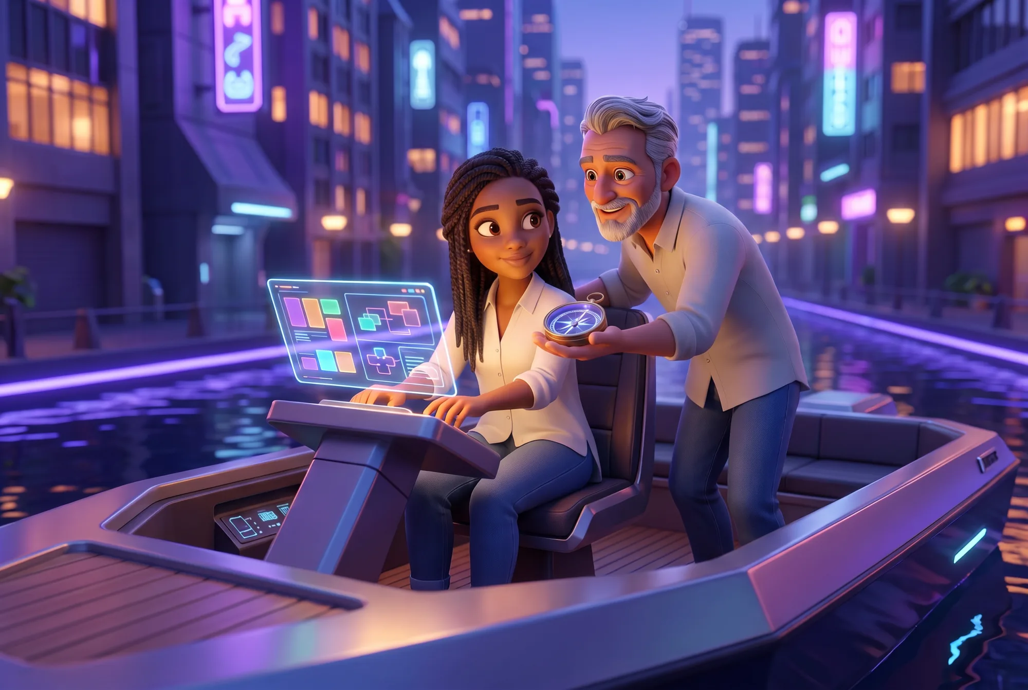 One person steering a boat through a neon-lit city canal while a colleague holds out a compass beside them