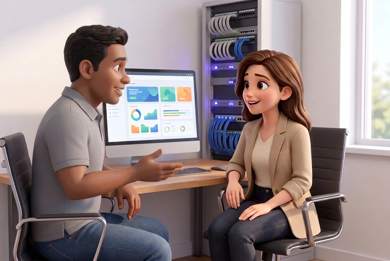 An MSP technician talking a client through a dashboard, a network rack behind them