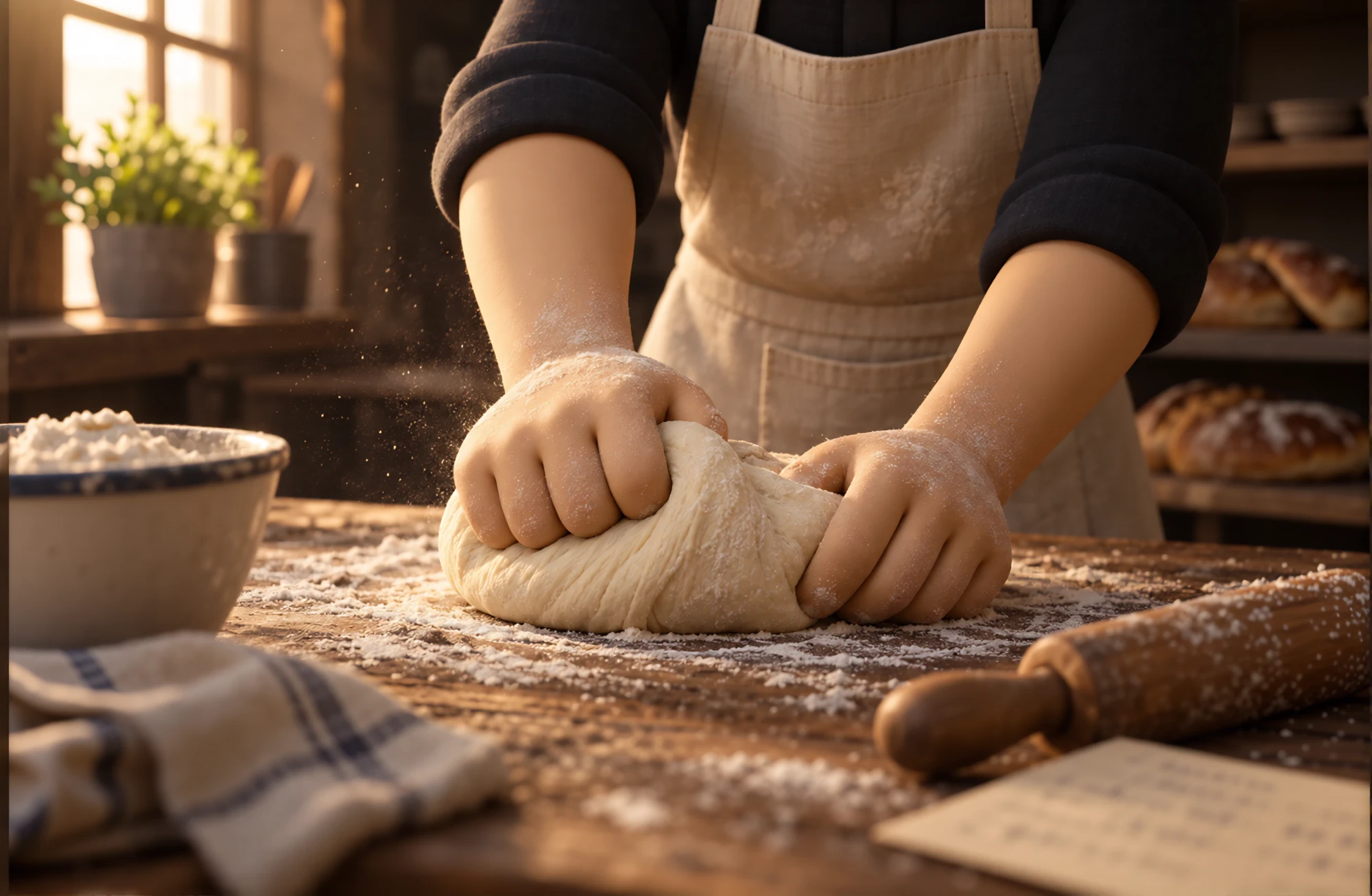 A baker's floured hands kneading dough on a wooden worktable