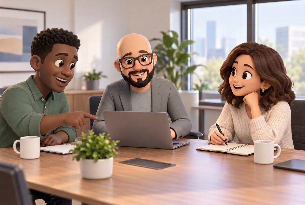 Three colleagues talking through an idea around a laptop
