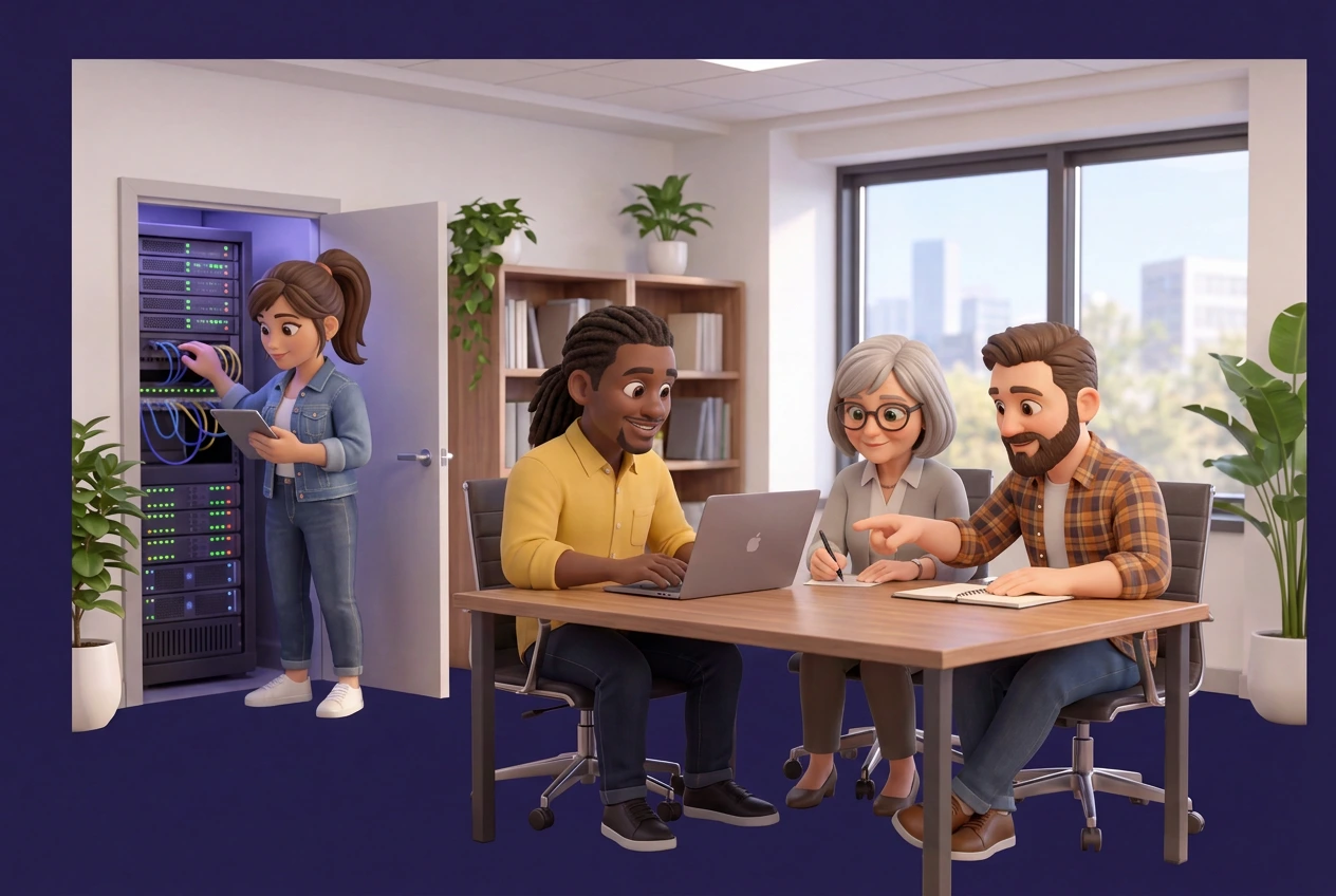 A small team at work while one person keeps the systems running in the background