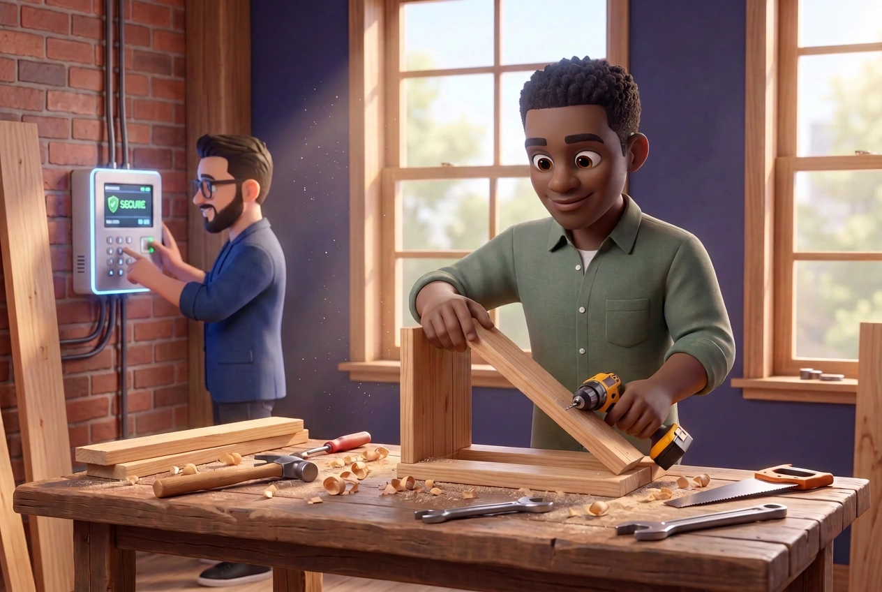 Someone building at a workbench while a colleague quietly checks the security panel behind them