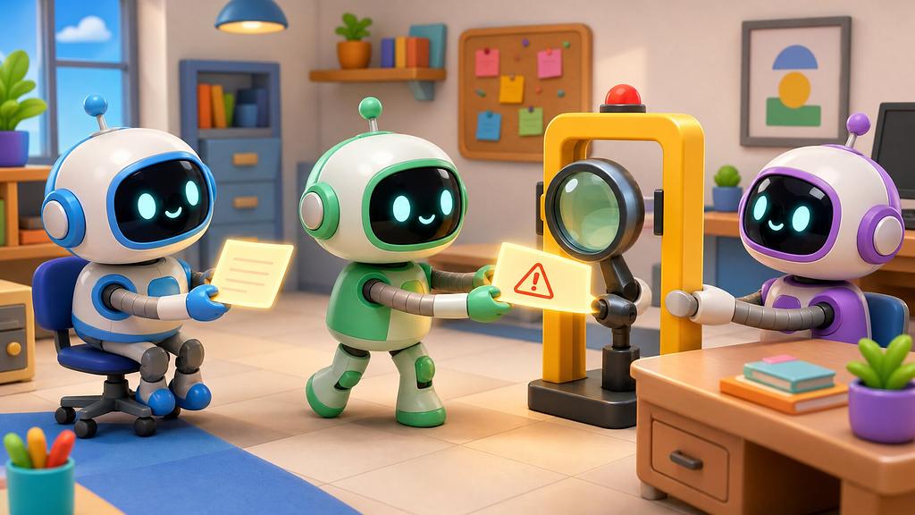 Cartoon illustration: three friendly robots in an office pass notes along a chain, and a yellow checkpoint with a magnifying glass inspects a note marked with a red warning sign before it reaches the next robot.