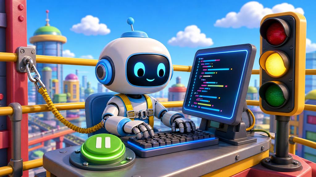Cartoon illustration: a small robot types code at a computer while wearing a safety harness clipped to a guard rail, with a big green pause button on the desk and a traffic light showing yellow.
