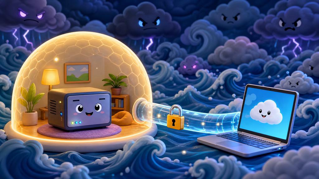 Cartoon illustration: a smiling little server sits safe inside a glowing dome while stormy, angry clouds swirl outside, and a single padlocked tunnel connects the dome to a laptop.