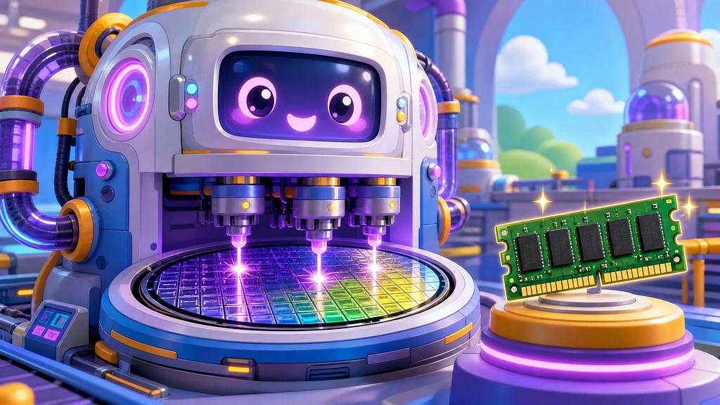 Cartoon illustration: a big, friendly chip-making machine with a smiling face shines purple light beams onto a silicon wafer, next to a memory stick displayed on a glowing pedestal.