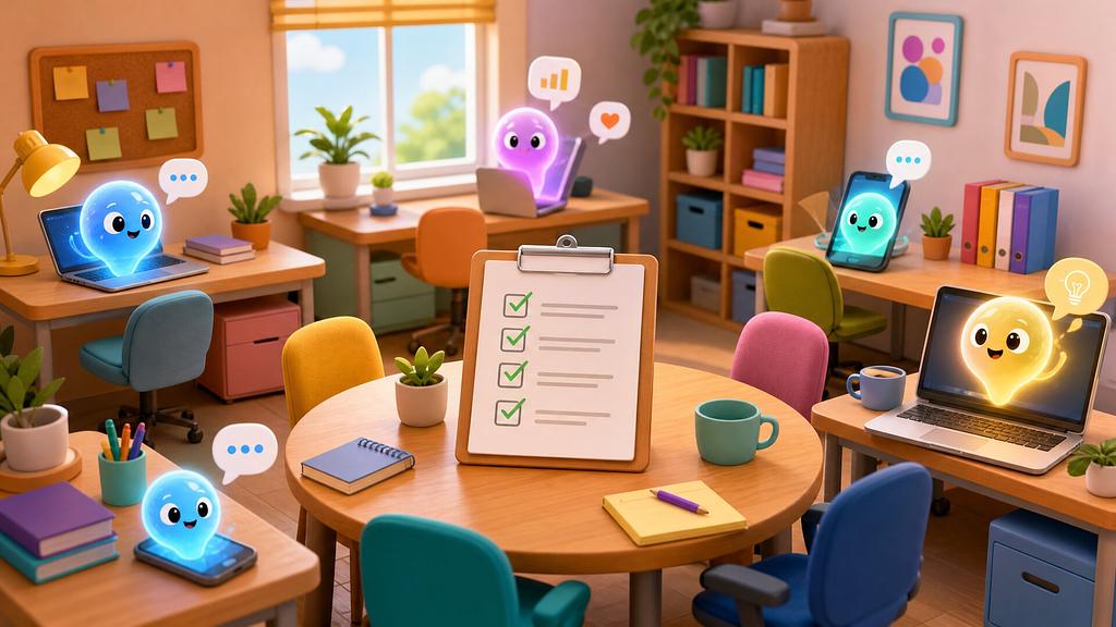 Cartoon illustration: a cozy small office where friendly glowing AI helper characters peek out of laptops and a phone on several desks, with a checklist clipboard on the table in front.