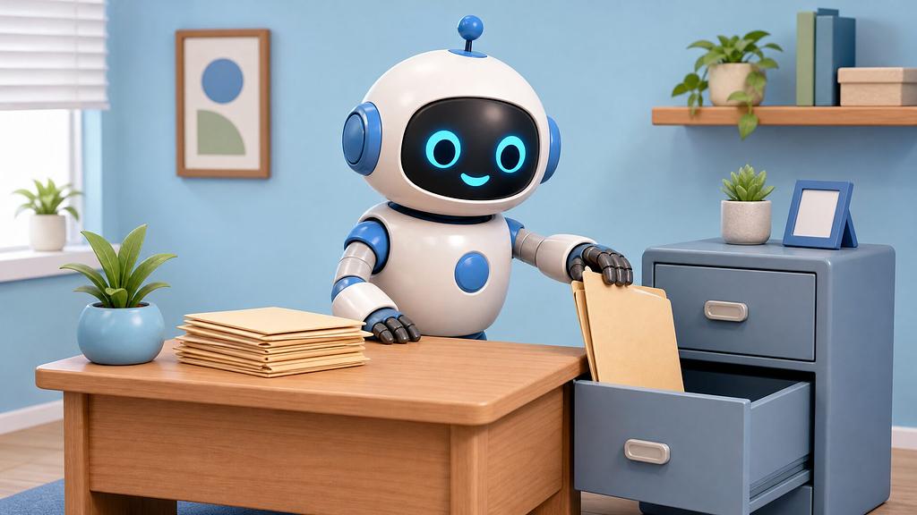 A cheerful cartoon robot at a wooden desk files a blank folder into an open cabinet drawer, next to a neat stack of blank folders.