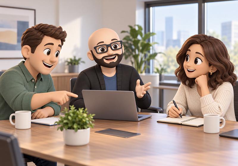 The earlier ChrisBot-style cartoon: a bald, bearded character in glasses and a black cardigan gestures as he talks at a laptop, between two smiling colleagues at a meeting table.