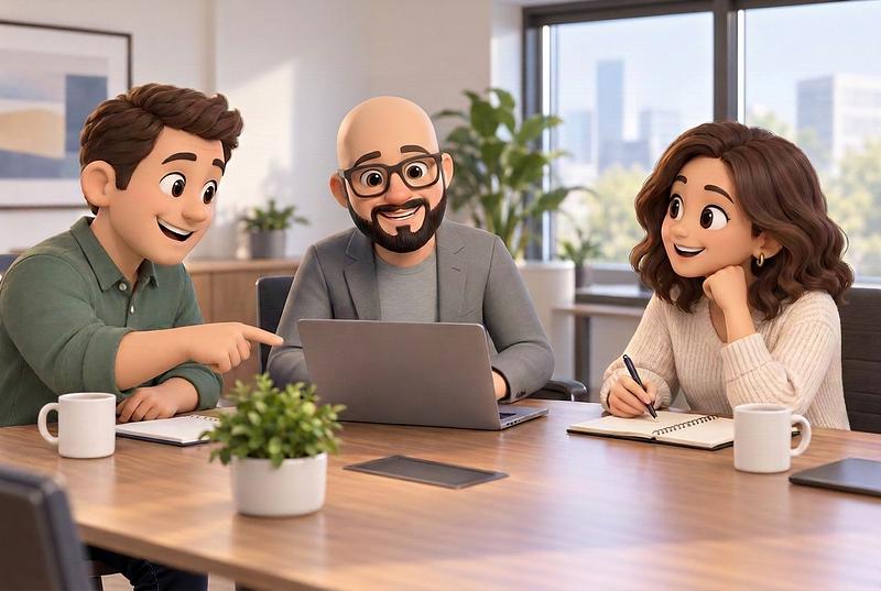 The same meeting scene in today's AKARI Toon style: the bald, bearded character in glasses now wears a grey blazer and works at his laptop while one colleague points at the screen and the other listens, chin in hand.
