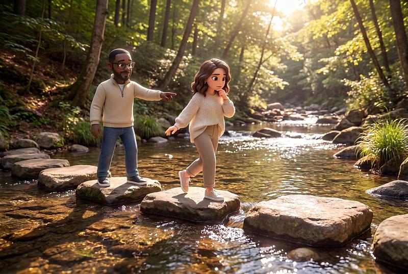 Cartoon scene in a sunlit forest stream: a man in glasses and a cream quarter-zip points the way as a woman steps across stones, her cream sweater tucked into her trousers.